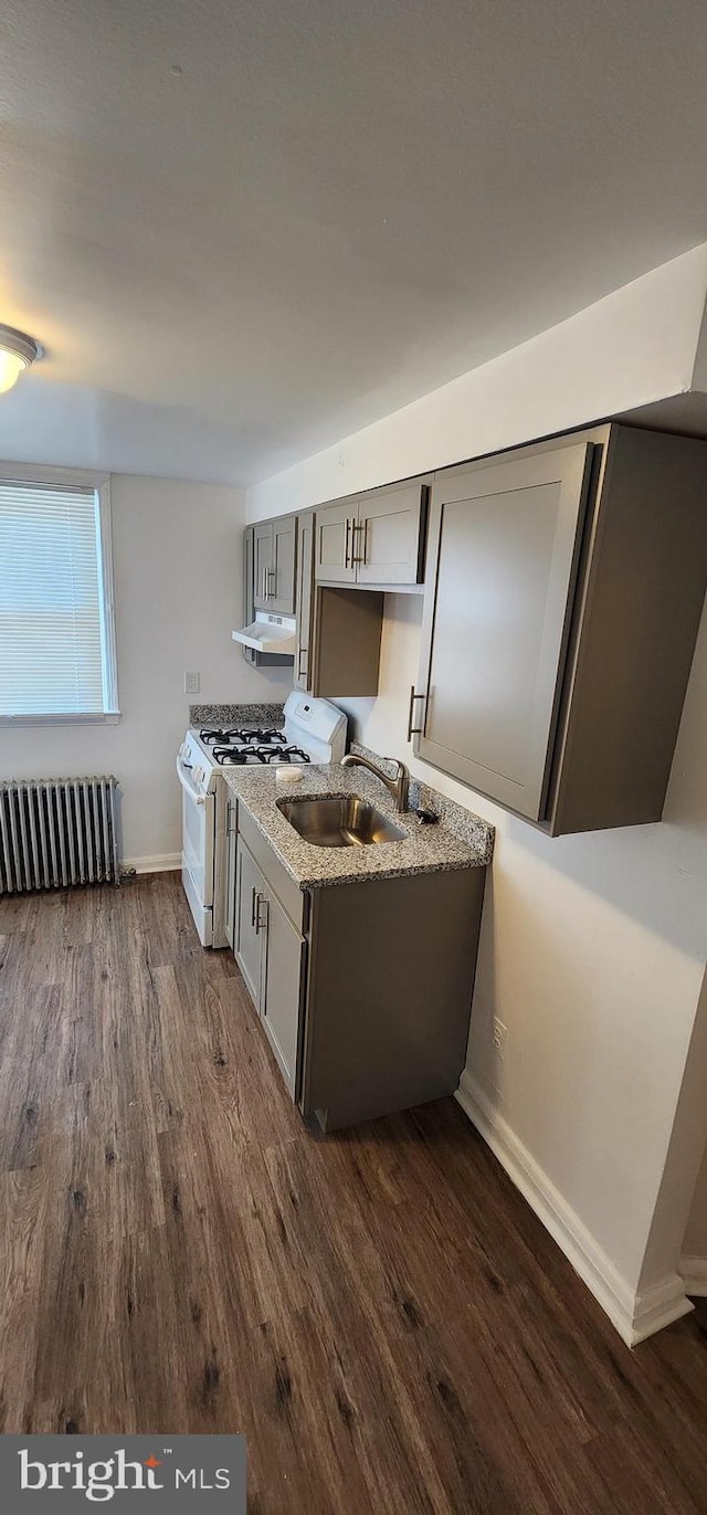 kitchen with radiator heating unit, dark hardwood / wood-style flooring, gray cabinets, and white gas range oven