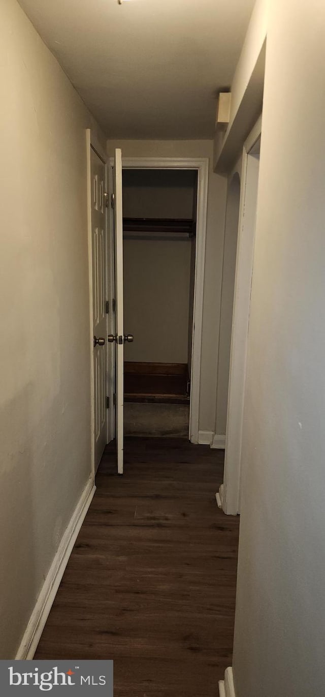 hallway with dark hardwood / wood-style flooring