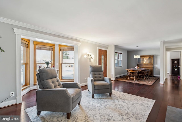 living room with ornamental molding, dark hardwood / wood-style floors, and a wealth of natural light