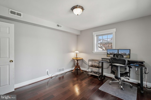 home office with dark wood-type flooring