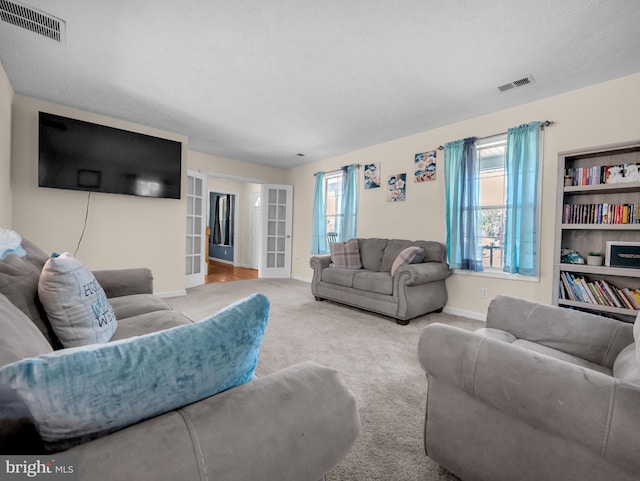 carpeted living room with a wealth of natural light, a textured ceiling, and french doors