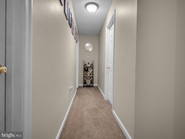 hallway with light carpet and a textured ceiling