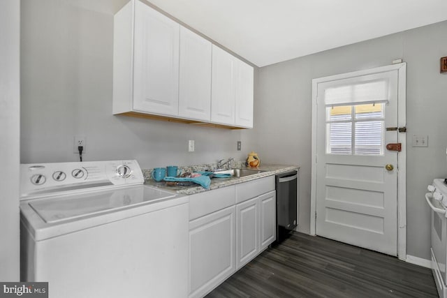 washroom with washer / clothes dryer, dark hardwood / wood-style flooring, and sink