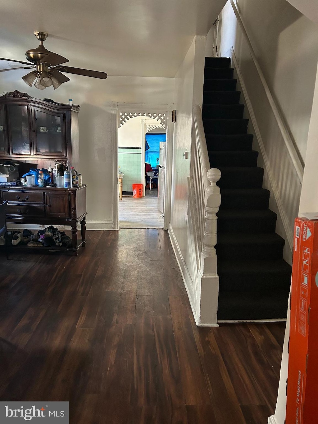 stairway featuring ceiling fan and hardwood / wood-style floors