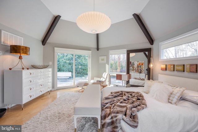 bedroom with light hardwood / wood-style flooring, access to outside, high vaulted ceiling, and beamed ceiling