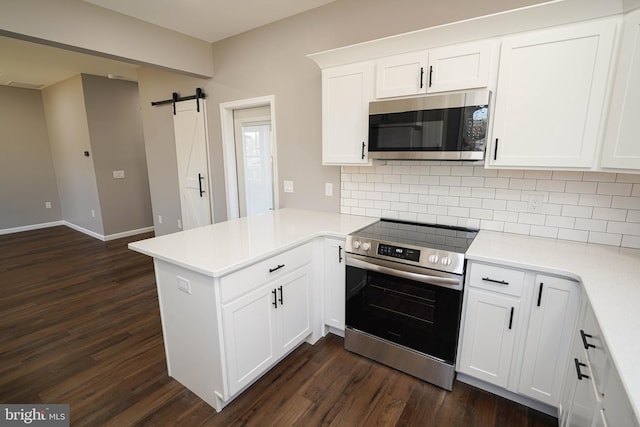 kitchen with white cabinetry, kitchen peninsula, stainless steel appliances, a barn door, and backsplash