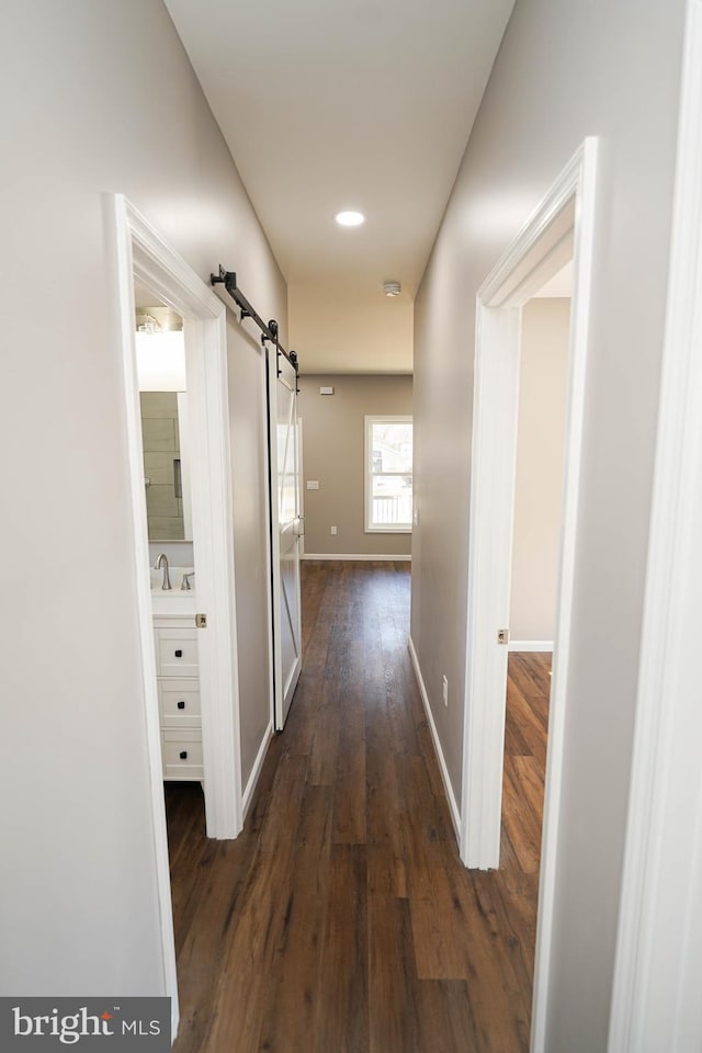 corridor featuring dark hardwood / wood-style flooring, sink, and a barn door