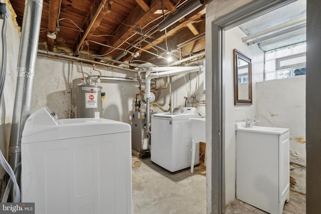 laundry room featuring electric water heater and washer and dryer