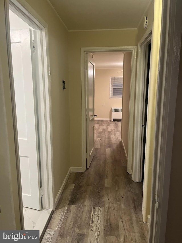 hall featuring radiator and hardwood / wood-style flooring