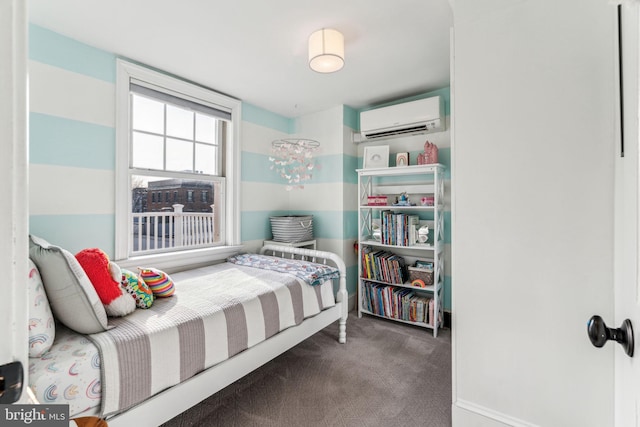 carpeted bedroom with a wall mounted air conditioner