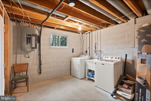 laundry area with washing machine and dryer and electric panel