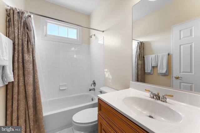 bathroom featuring vanity, toilet, and shower / bathtub combination with curtain