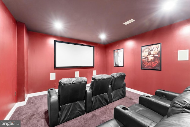 home theater with carpet floors, baseboards, visible vents, and recessed lighting