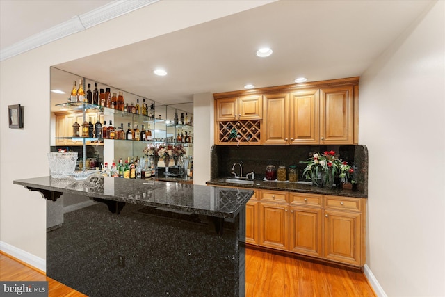 bar featuring tasteful backsplash, light wood-style flooring, wet bar, crown molding, and a sink