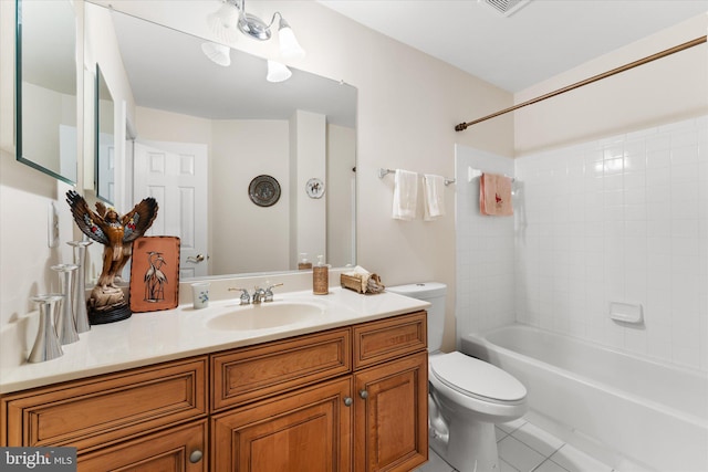 full bathroom with shower / bathtub combination, vanity, toilet, and tile patterned floors