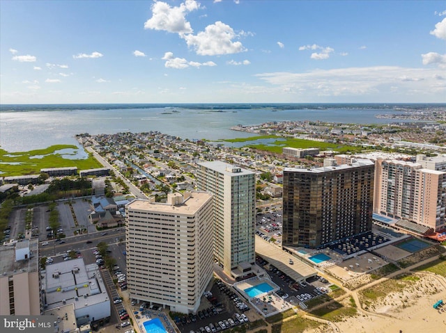 drone / aerial view with a water view