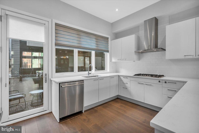 kitchen featuring white cabinetry, wall chimney range hood, stainless steel appliances, and sink