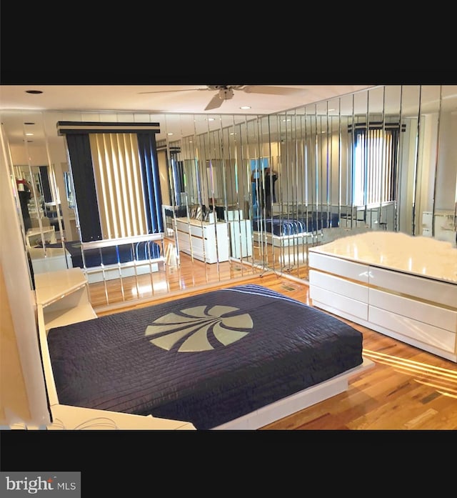 bathroom with wood-type flooring and ceiling fan