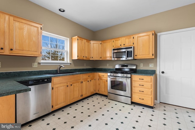 kitchen with stainless steel appliances, sink, and light brown cabinetry