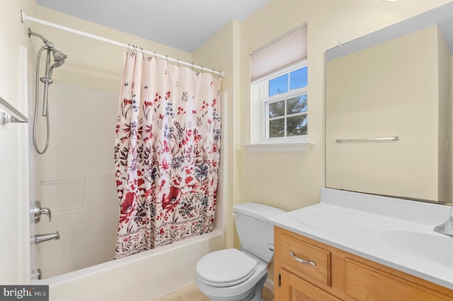 full bathroom featuring vanity, toilet, and shower / bathtub combination with curtain