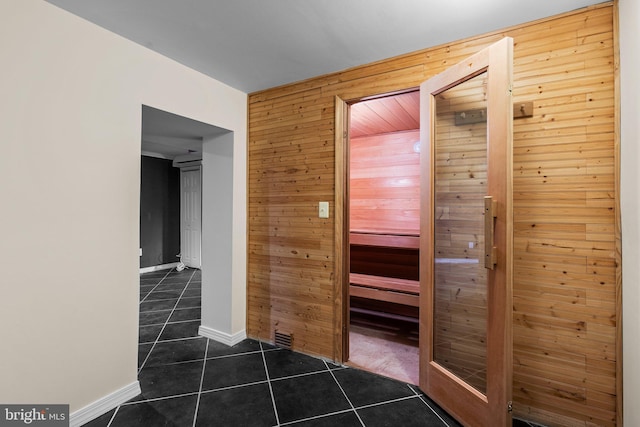 view of sauna / steam room with tile patterned floors