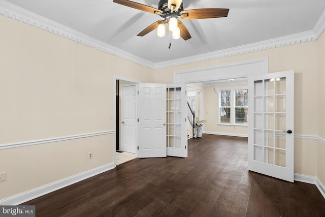 spare room with french doors, ceiling fan, ornamental molding, and hardwood / wood-style flooring