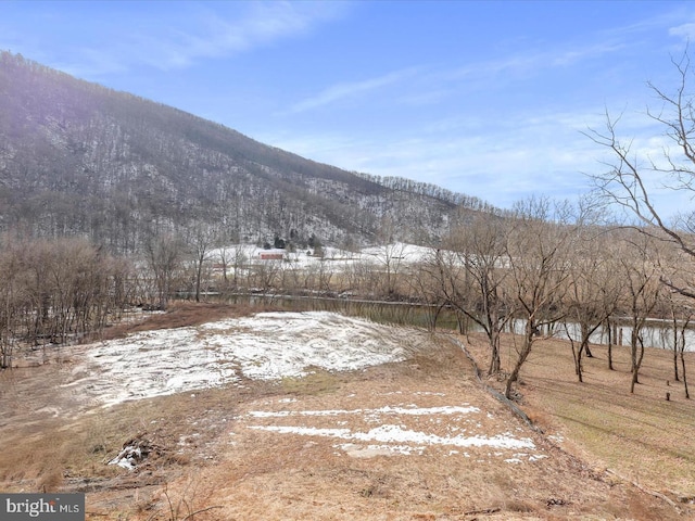 yard layered in snow with a mountain view