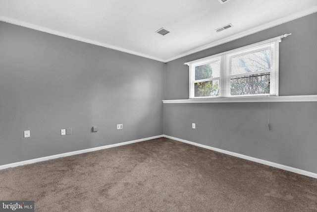 unfurnished room featuring crown molding and carpet flooring