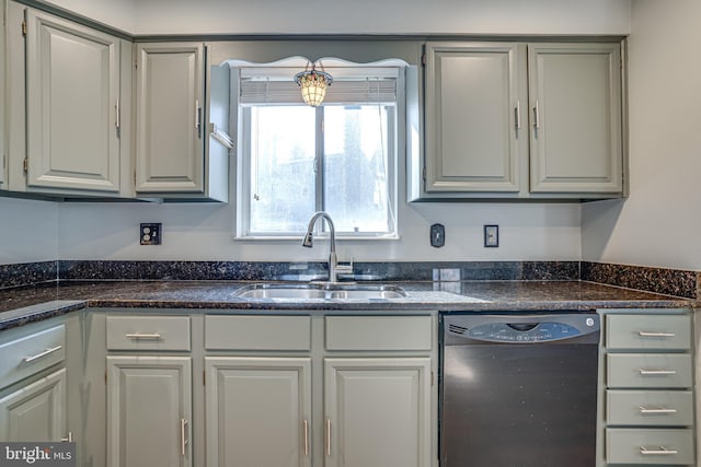 kitchen featuring black dishwasher, sink, and dark stone countertops