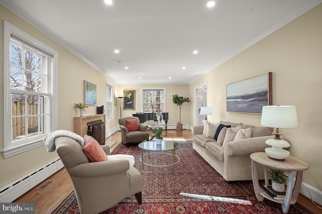 living room with hardwood / wood-style flooring, crown molding, and a baseboard heating unit