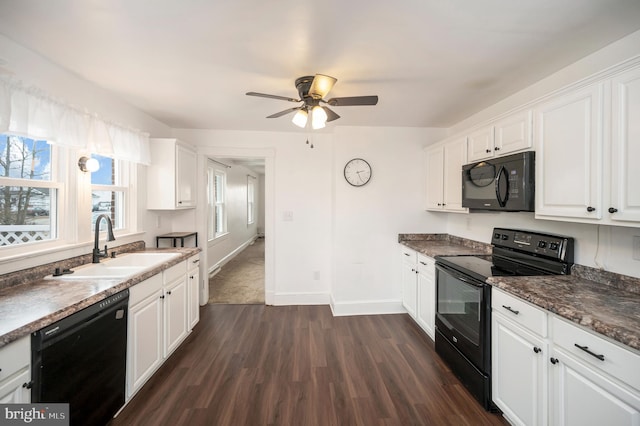 kitchen featuring dark hardwood / wood-style floors, white cabinetry, sink, ceiling fan, and black appliances