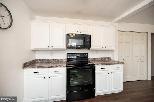 kitchen with white cabinetry, dark wood-type flooring, and black appliances