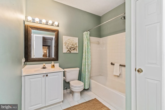 full bathroom featuring shower / bathtub combination with curtain, vanity, tile patterned floors, and toilet