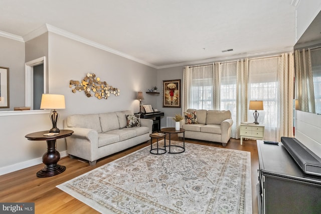 living room featuring crown molding and wood-type flooring