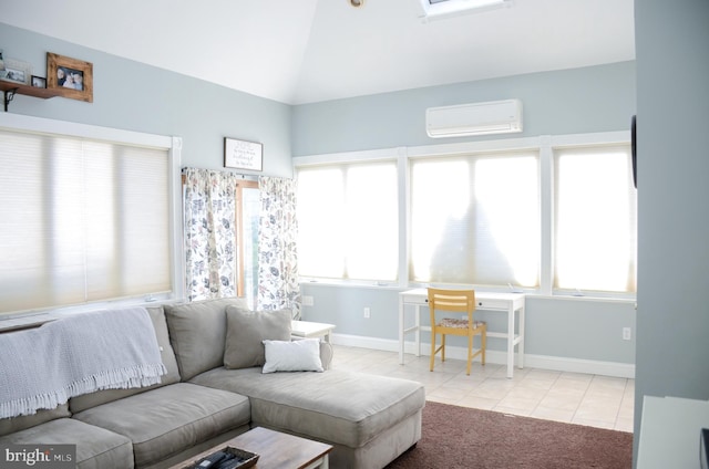 tiled living room with plenty of natural light, a wall mounted AC, and lofted ceiling