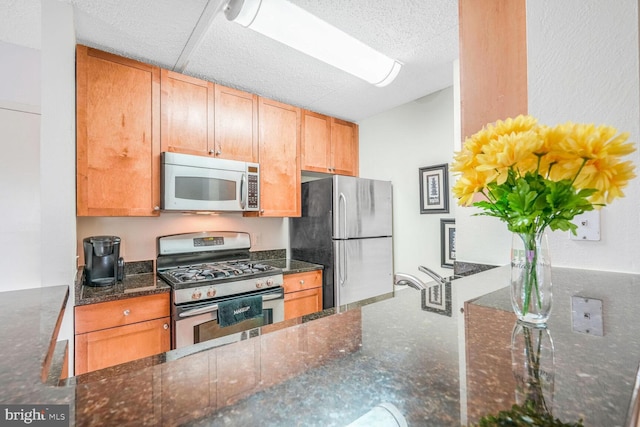 kitchen featuring stainless steel appliances, a textured ceiling, and dark stone counters