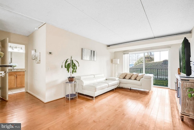 living room featuring light hardwood / wood-style flooring and a textured ceiling