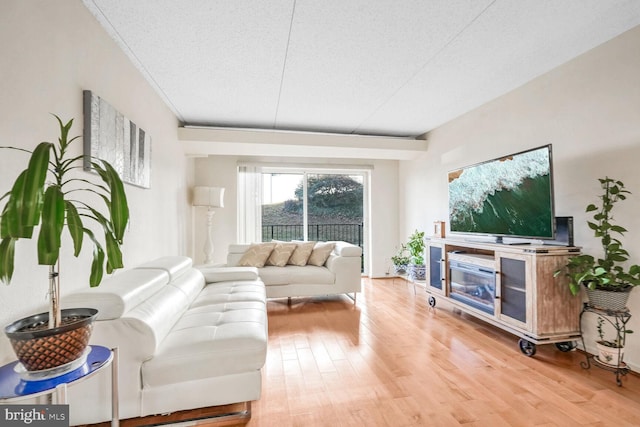 living room with hardwood / wood-style floors and a textured ceiling