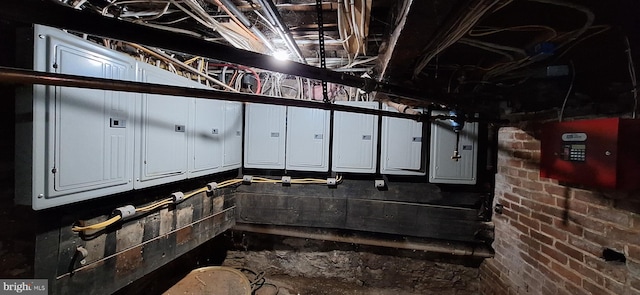 basement featuring brick wall and electric panel