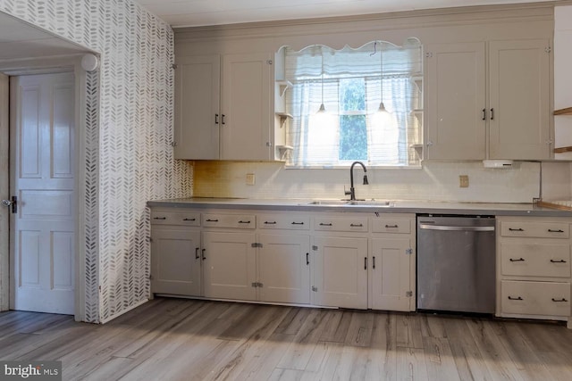 264 S Main St, Pleasant Gap, PA 16823 - kitchen with stainless steel dishwasher, a sink, wallpapered walls, decorative backsplash, and light wood-style floors