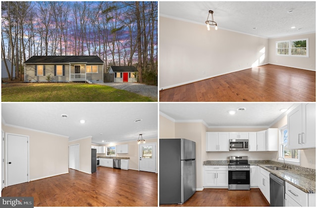 kitchen with sink, dark hardwood / wood-style floors, stone counters, stainless steel appliances, and white cabinets