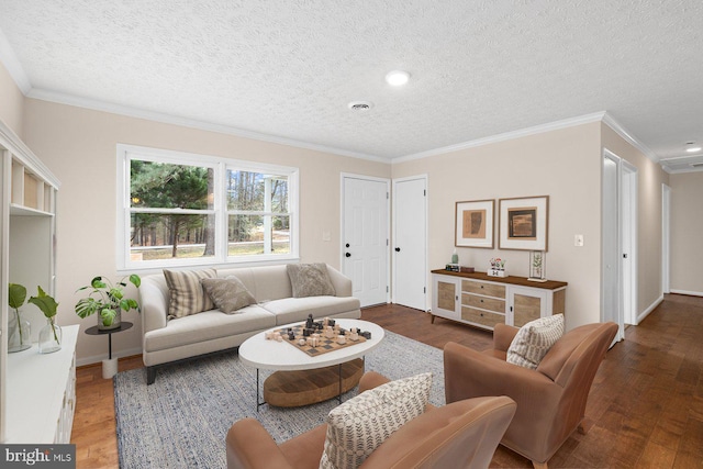 living room featuring hardwood / wood-style flooring and ornamental molding