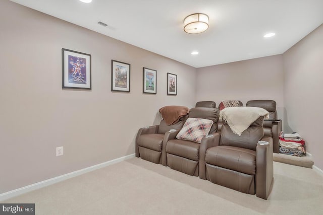 cinema room with recessed lighting, carpet flooring, visible vents, and baseboards