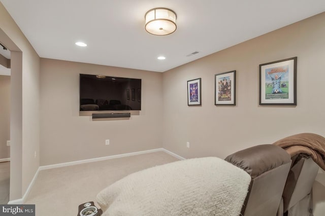 bedroom with recessed lighting, light colored carpet, visible vents, and baseboards