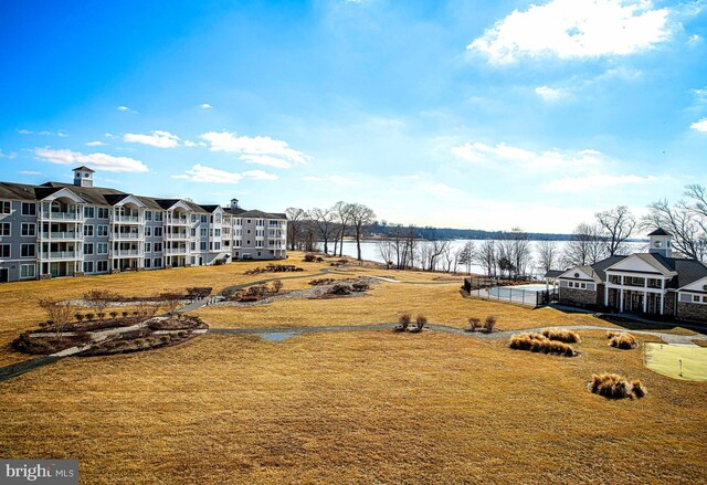 view of yard with a water view