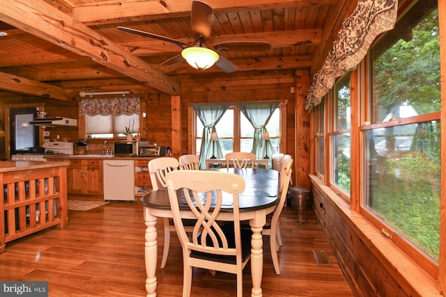 dining room featuring hardwood / wood-style floors, wood ceiling, and wooden walls