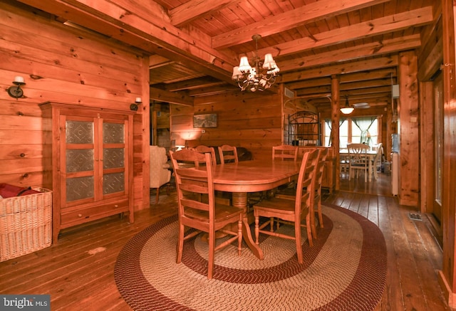 dining space with wood walls, wood ceiling, dark hardwood / wood-style flooring, a notable chandelier, and beamed ceiling