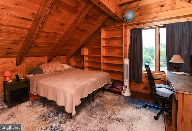 bedroom with wood ceiling, lofted ceiling with beams, and wood walls