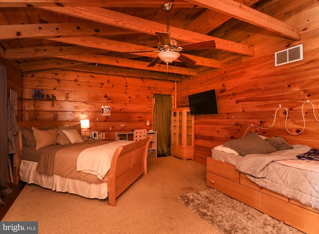 bedroom with vaulted ceiling with beams, wooden walls, and light colored carpet