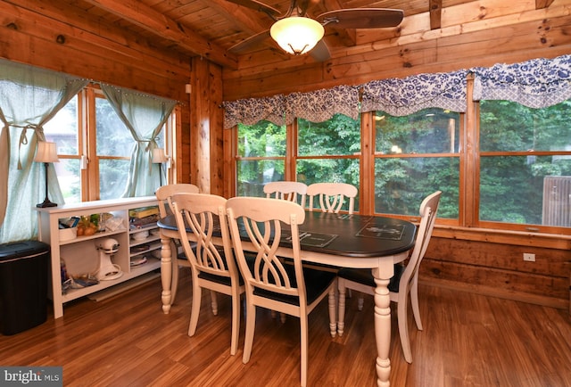 dining room with hardwood / wood-style flooring, wooden ceiling, beam ceiling, and wood walls